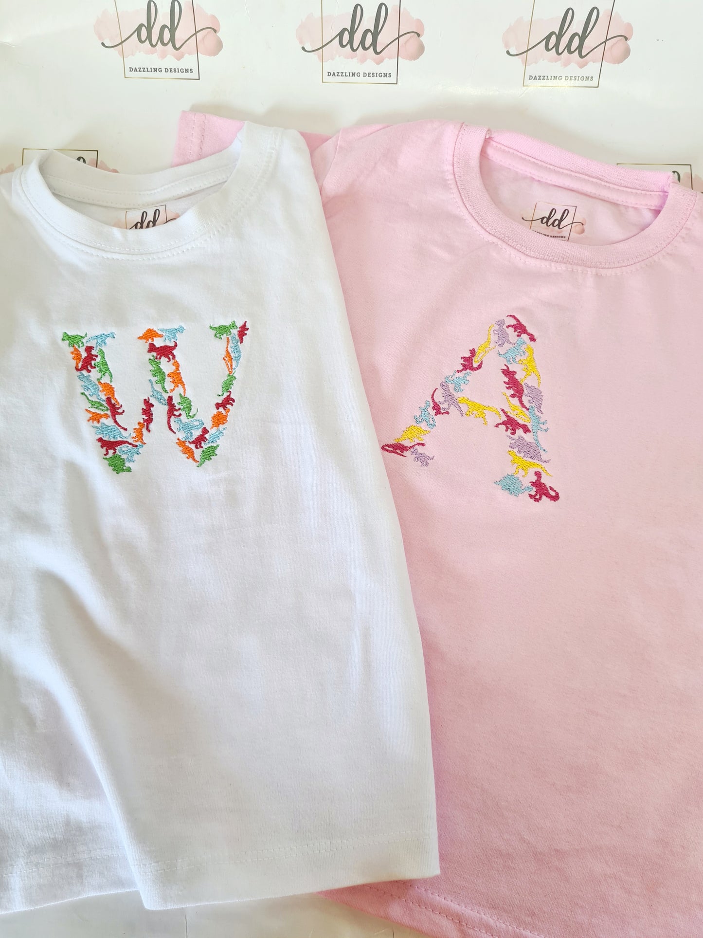 Childrens embroidered dinosaur initial tshirt