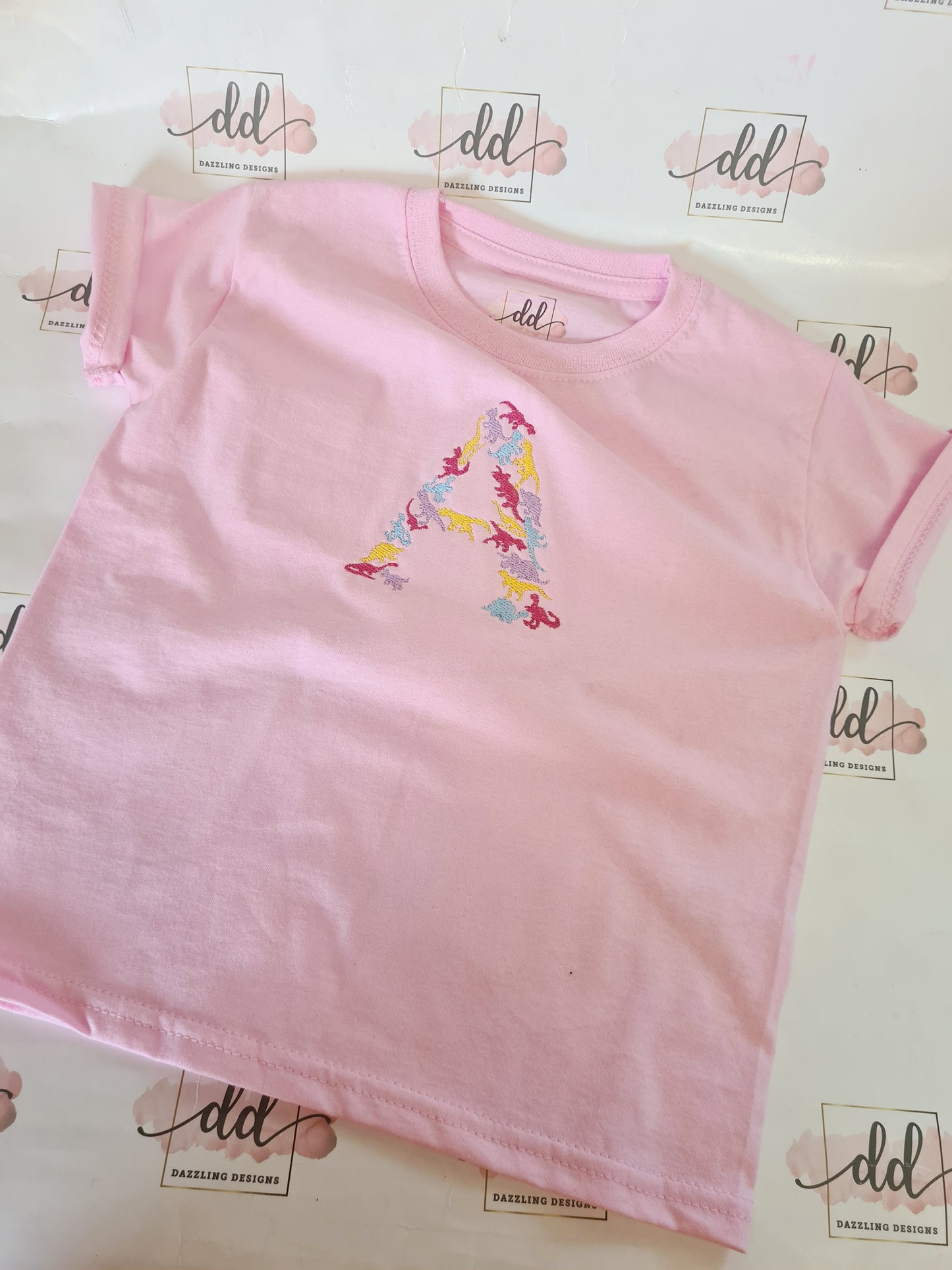 Childrens embroidered dinosaur initial tshirt