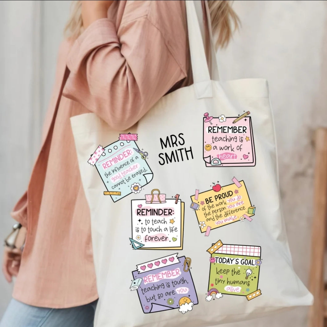 Sticky note design teacher tote bag